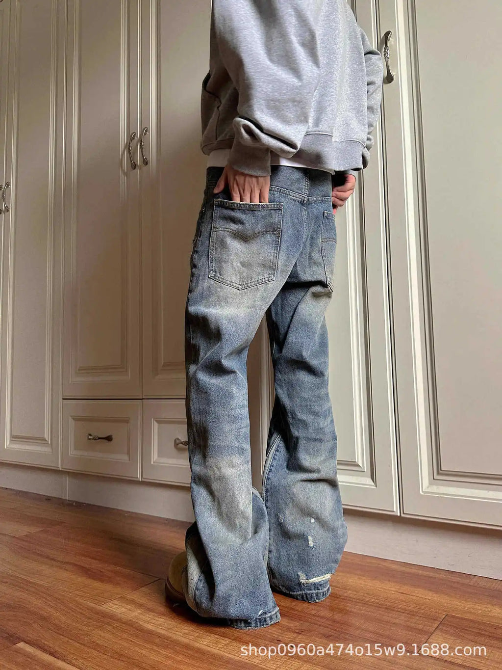 Jean Patchwork Délavé Style Rétro Américain — Coupe Droite, Denim Bleu | Homme