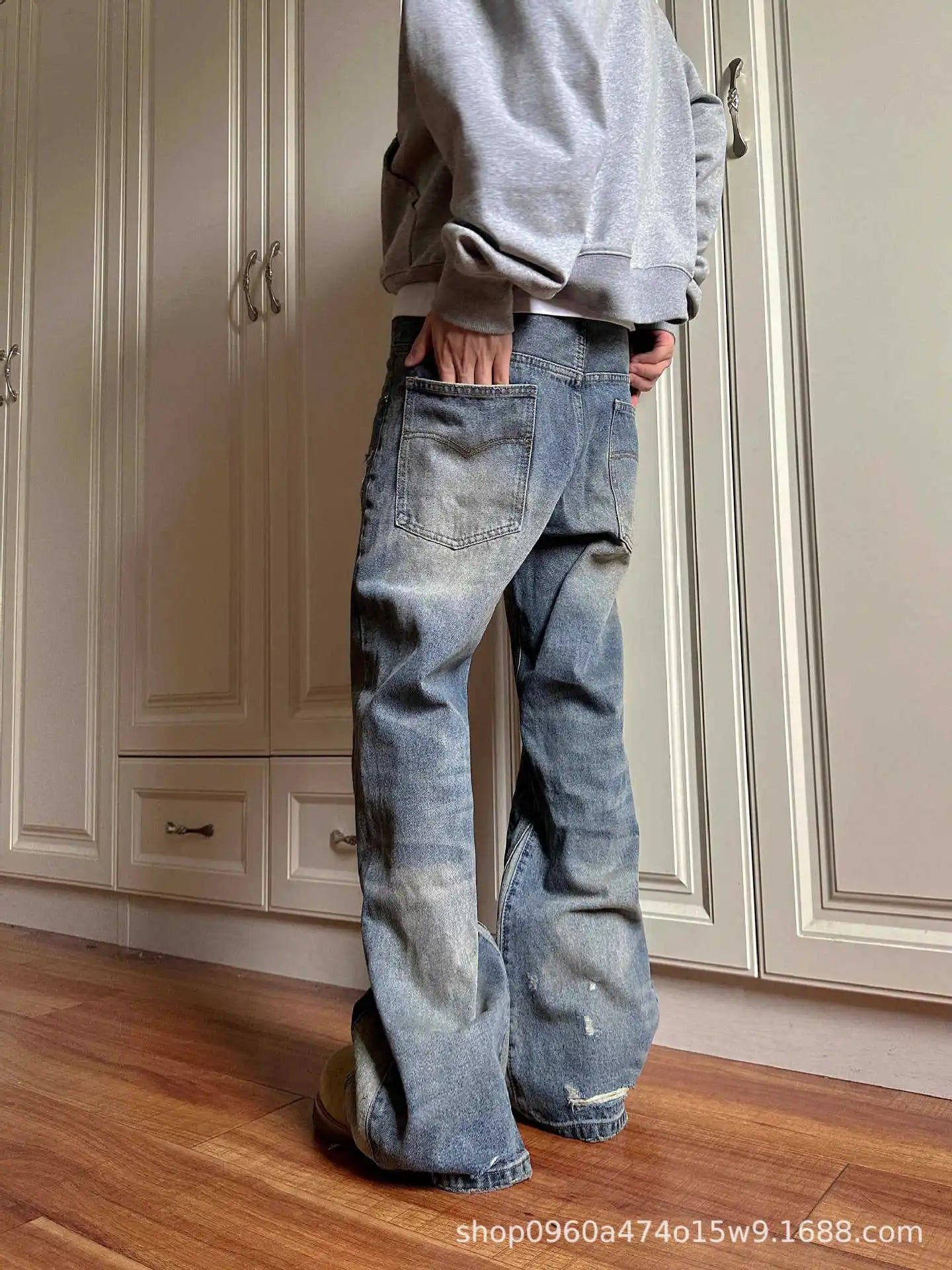Jean Patchwork Délavé Style Rétro Américain — Coupe Droite, Denim Bleu | Homme