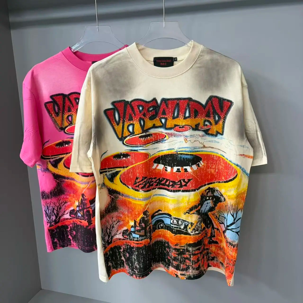 T-shirt Coton Manches Courtes Unisexe — Lettres Strass Effet Diamant Brillant Streetwear Harajuku Hip Hop Coupe Ample | HANGJIA