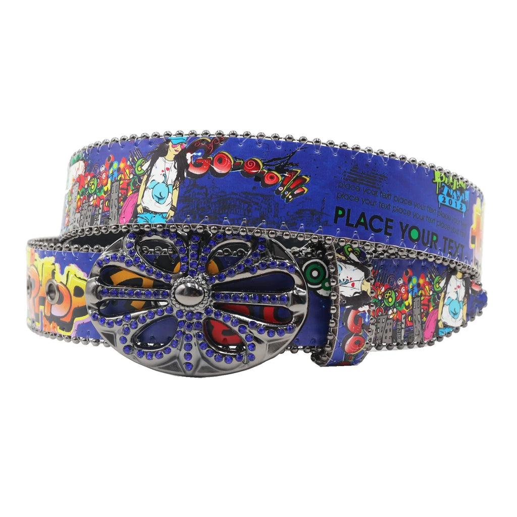 Ceinture PU Unisexe — Imprimé Graffiti Punk Bohème Y2K Hip Hop Western Cowboy Cowgirl Boucle Personnalisée