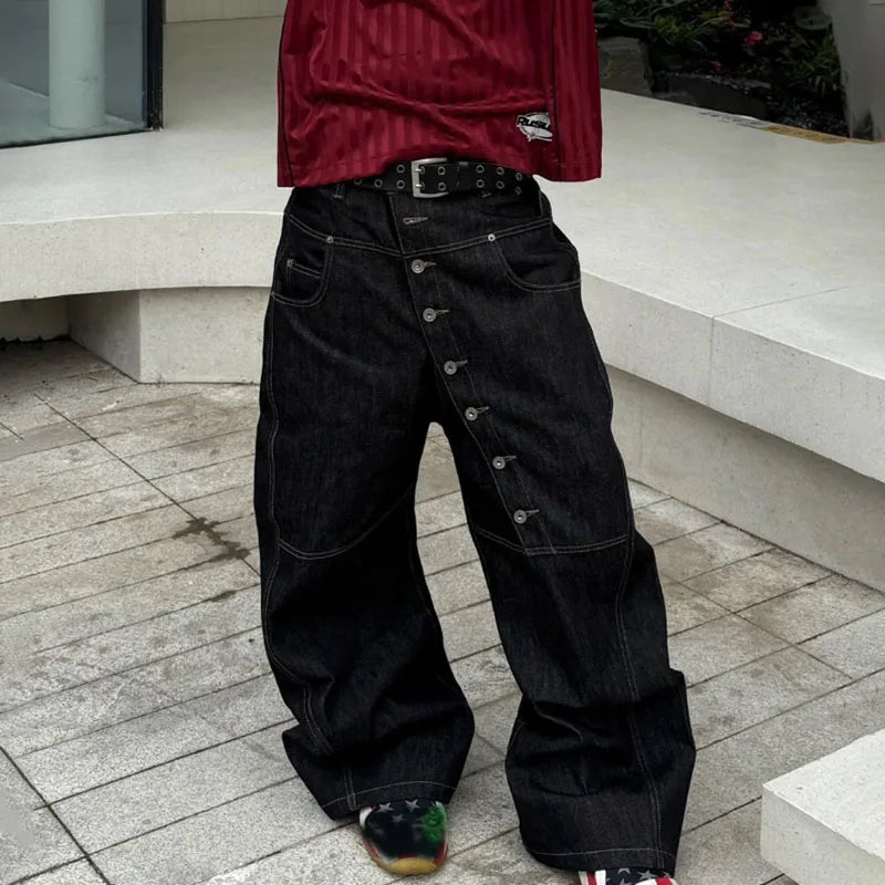 Pantalon Large Noir Y2K Boucle Style Coréen Hip Hop — Coupe Droite Décontractée Automne Homme