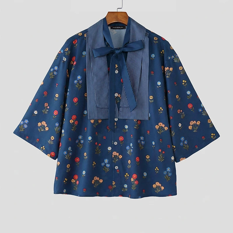 Chemise Florale Patchwork Manches 3/4 — Col V à Nouer, Streetwear Ample | INCERUN 2026