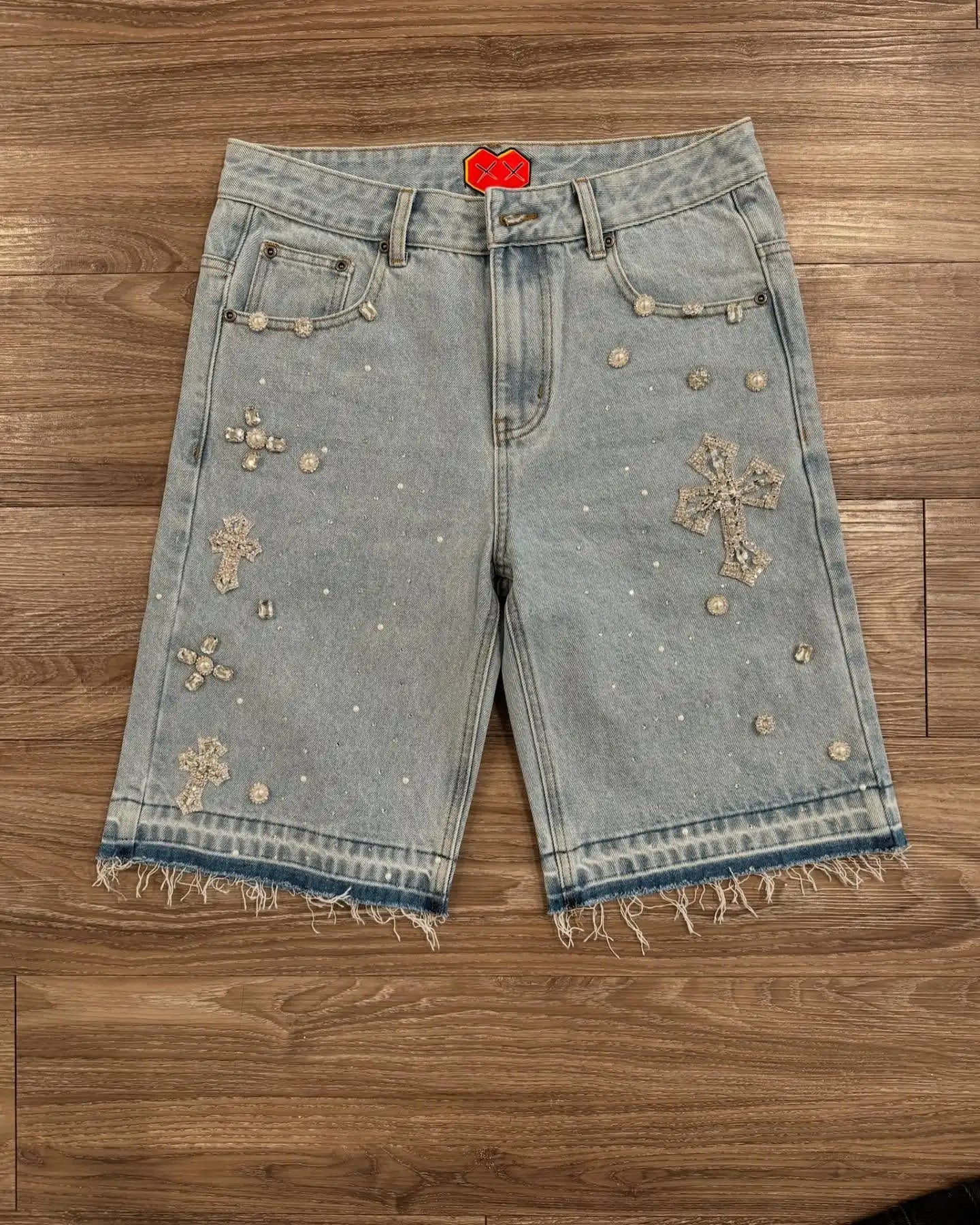 Short Denim Y2K Gothique – Broderie Croix Diamant & Strass Streetwear Hip-Hop | Unisexe