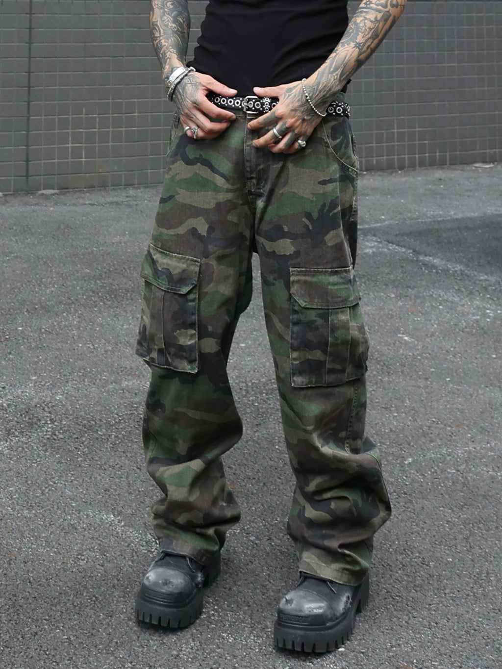 Jean Cargo Camouflage Vert Armée Multi-Poches — Coupe Ample Style Militaire Streetwear Homme