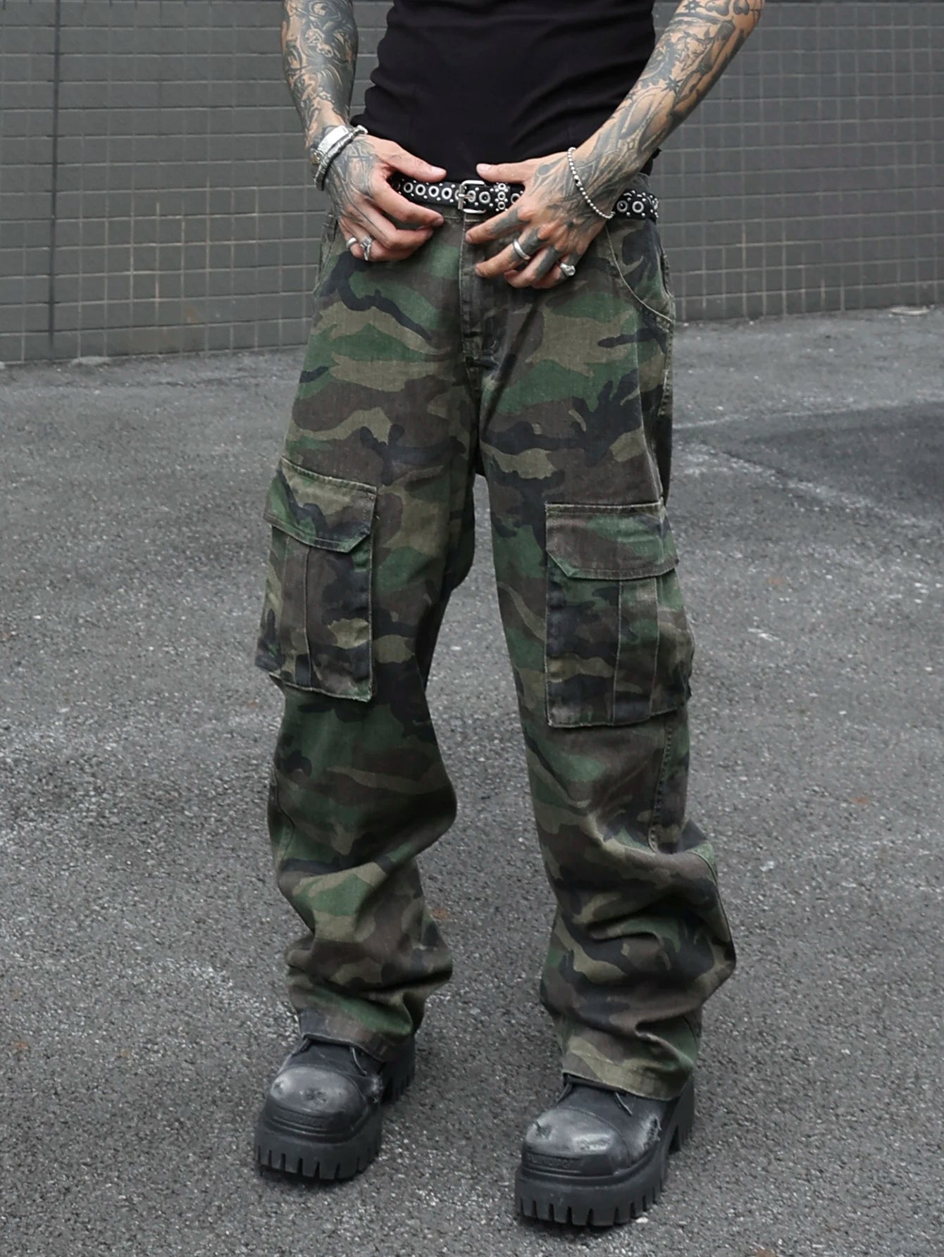 Jean Cargo Camouflage Vert Armée Multi-Poches — Coupe Ample Style Militaire Streetwear Homme