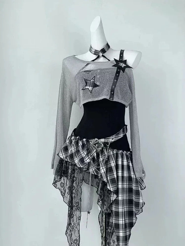 Ensemble 2 Pièces Vintage Y2K Harajuku — Haut Court Noir + Robe Irrégulière Gothique Slim | Style Coréen Rétro