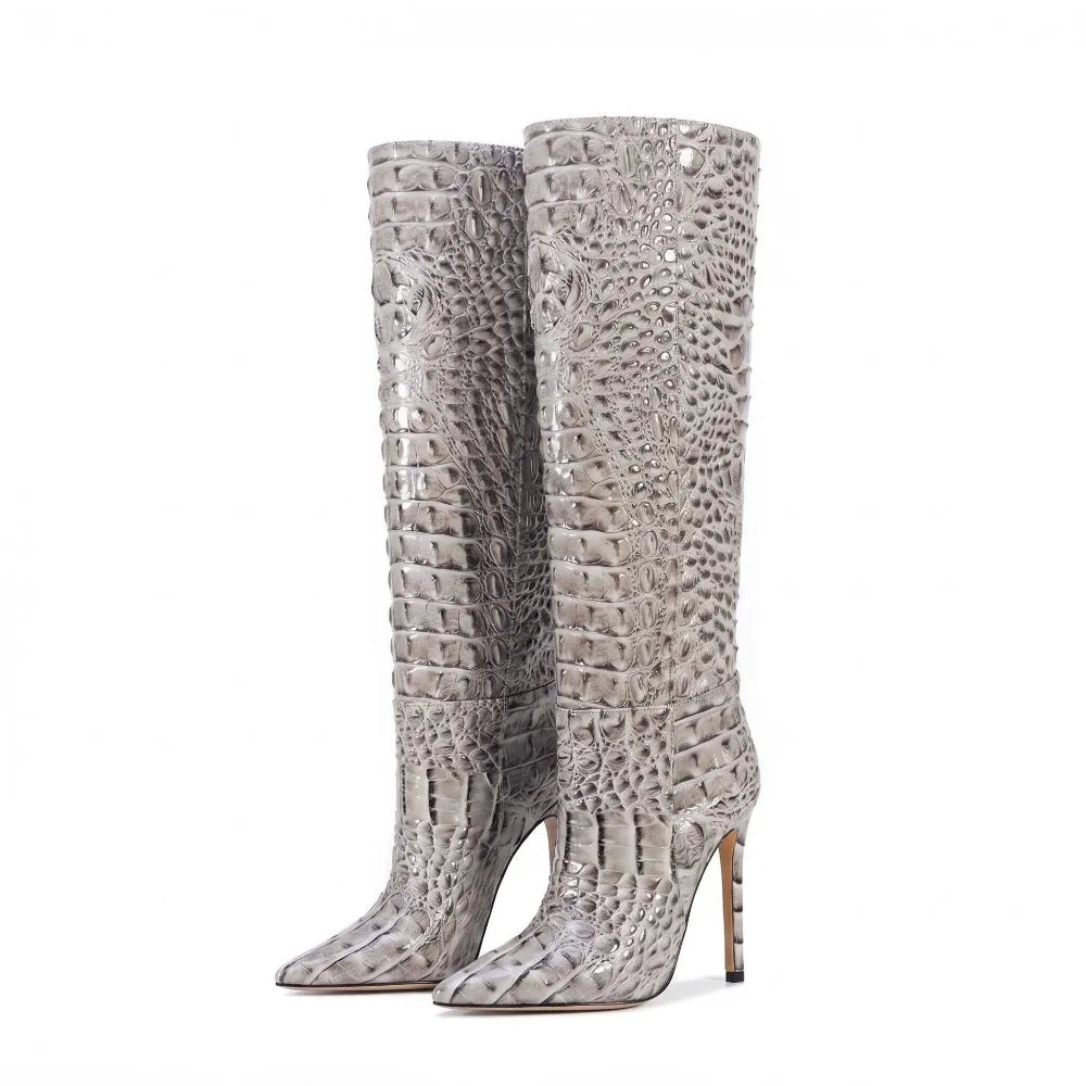 Bottines Western Talon Aiguille Style Rétro — Effet Crocodile Luxe Tailles 35-47