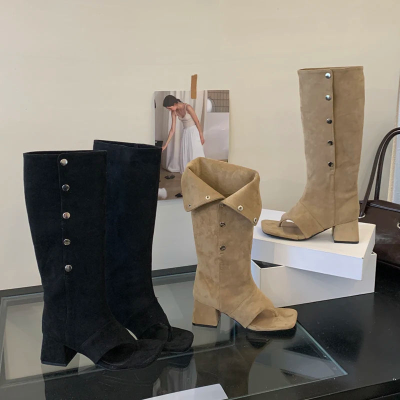 Sandales-Bottes Hautes Vintage Bout Carré — Talon Carré Sangle Boucle Eilyken