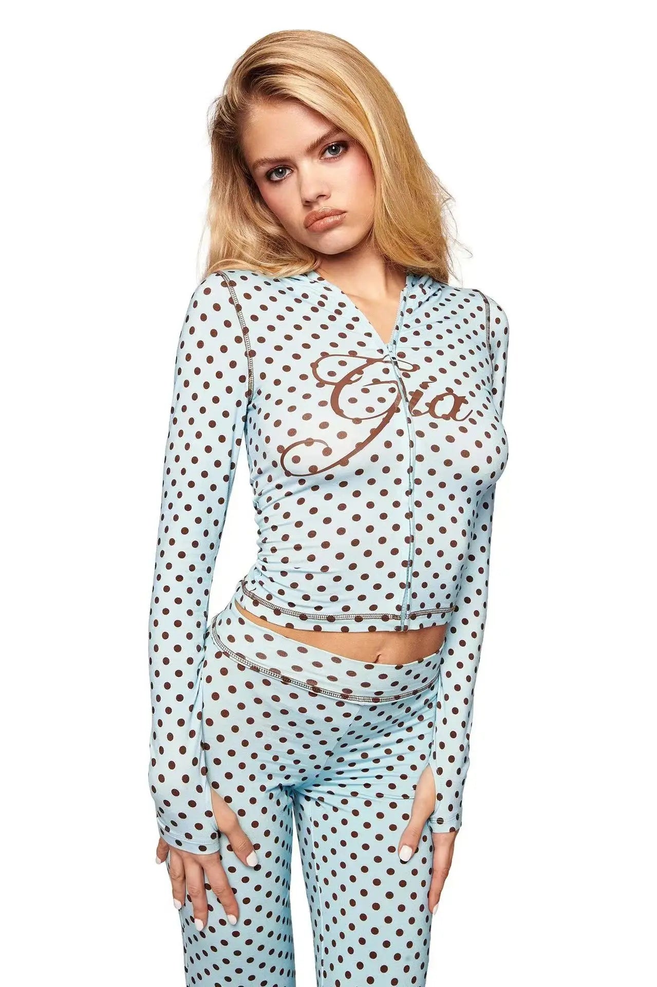 Ensemble veste courte à capuche zippée et pantalon, coupe slim, imprimé lettres, design à fils apparents, GIA