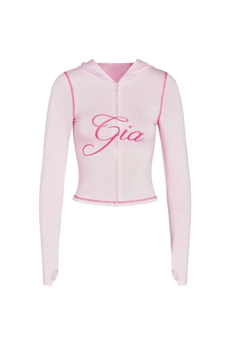 Ensemble veste courte à capuche zippée et pantalon, coupe slim, imprimé lettres, design à fils apparents, GIA