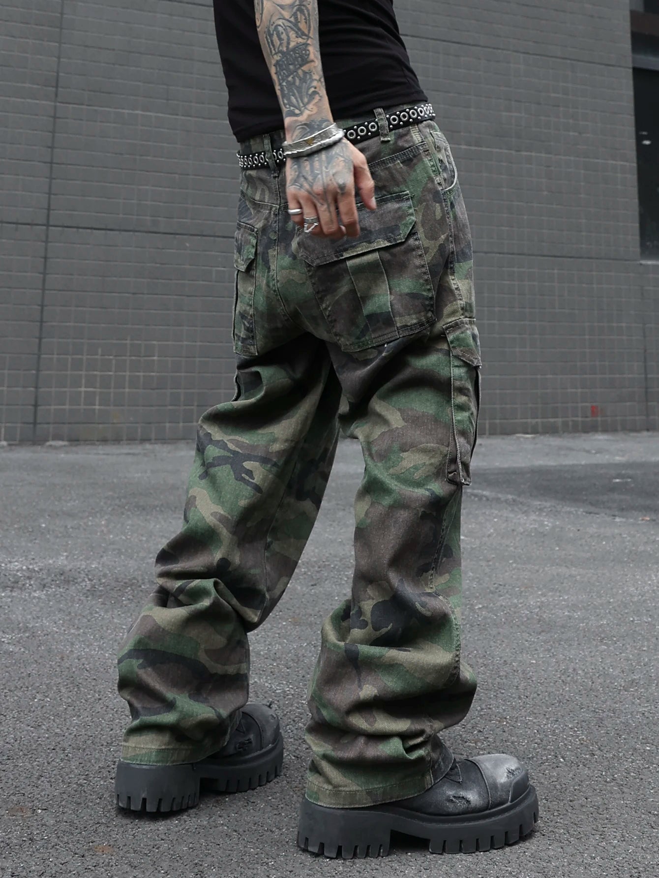 Jean Cargo Camouflage Vert Armée Multi-Poches — Coupe Ample Style Militaire Streetwear Homme