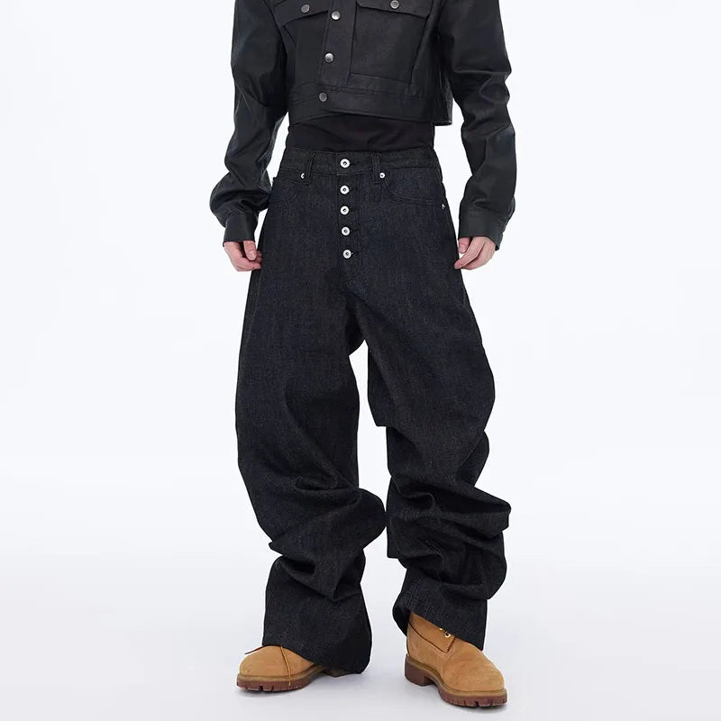 Jean Noir Ample Jambe Large Rétro Boucle — Style Urbain High Street Homme Grandes Tailles