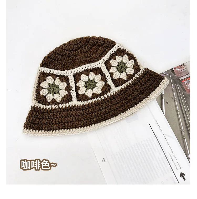 Chapeau Seau Coréen Crocheté à la Main – Bob Fleurs Y2K | Femme Automne Hiver 2025