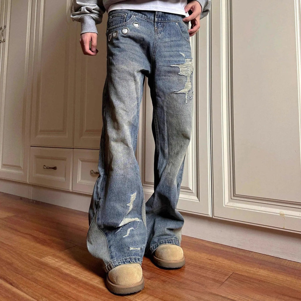 Jean Patchwork Délavé Style Rétro Américain — Coupe Droite, Denim Bleu | Homme