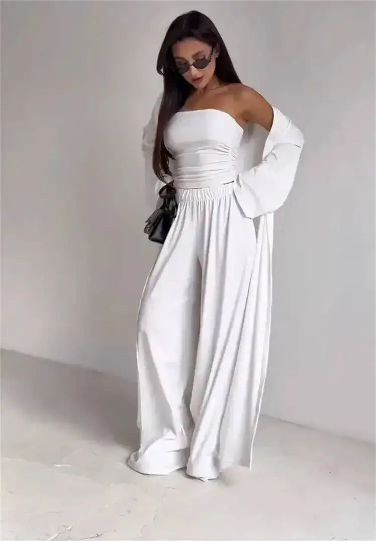 Ensemble 3 Pièces Femme — Débardeur, Long Cardigan & Pantalon Large Élégant | Bureau Été