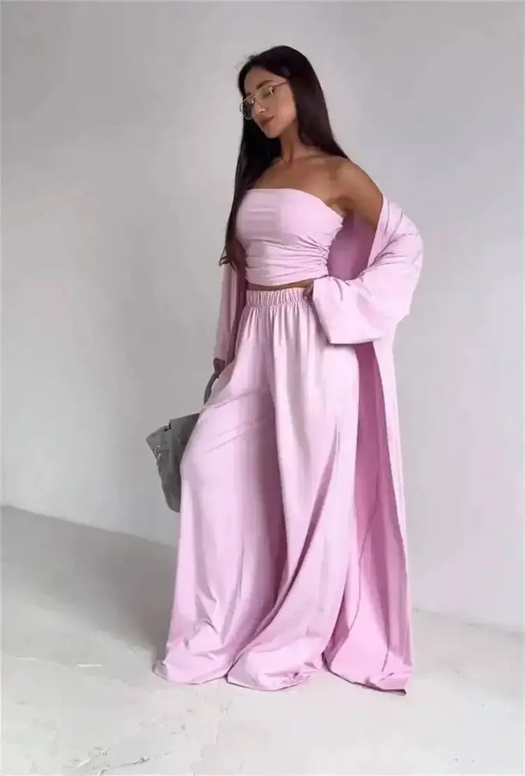 Ensemble 3 Pièces Femme — Débardeur, Long Cardigan & Pantalon Large Élégant | Bureau Été