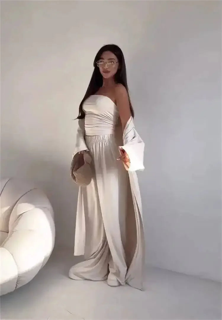 Ensemble 3 Pièces Femme — Débardeur, Long Cardigan & Pantalon Large Élégant | Bureau Été