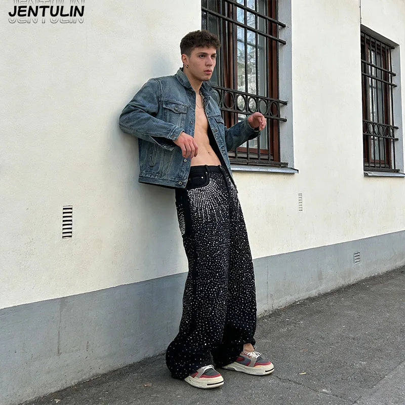 Jean Baggy Y2K Gothique — Motif Diamant, Denim Noir, Jambe Large | JENTULIN