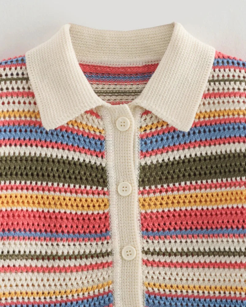 Ensemble Tricoté Rayé Été — Haut Boutonné Col Rabattu Manches Courtes + Short Assorti Décontracté | 2026