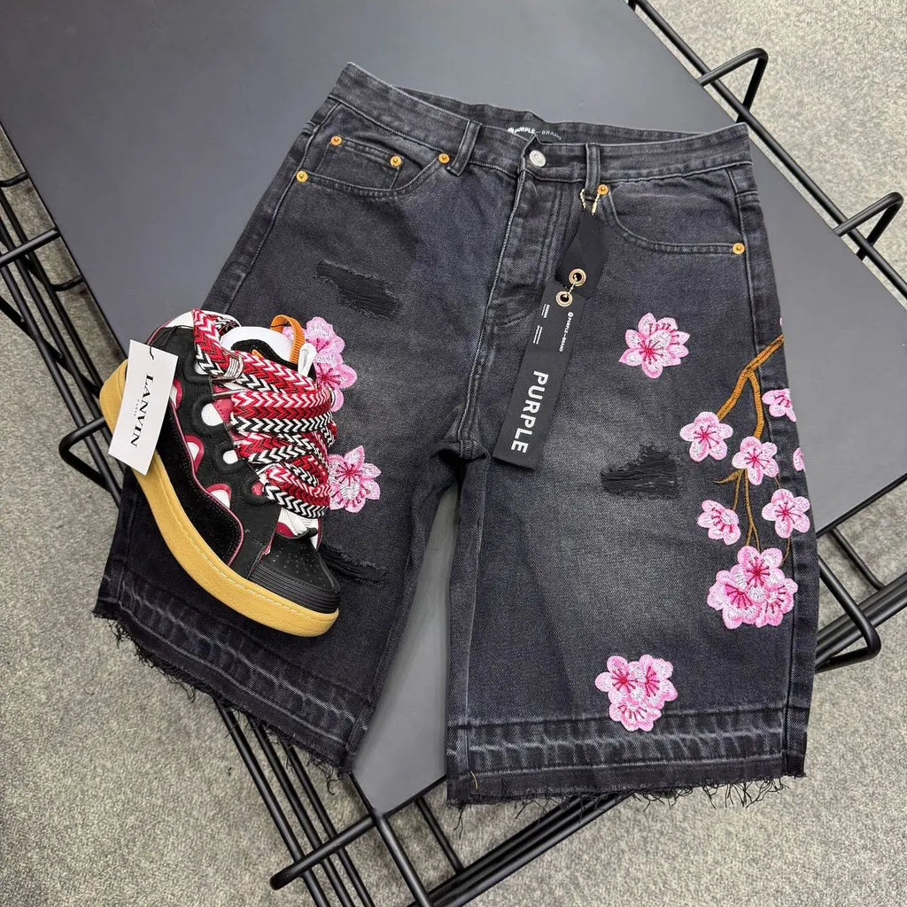 Short Denim Brodé Fleurs de Cerisier Y2K – Gothique Harajuku Punk Streetwear | Unisexe