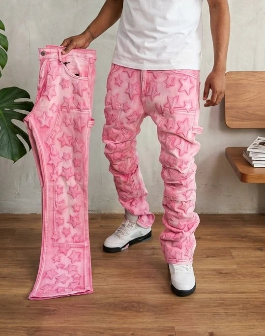 Jean Skinny Homme Y2K — Style Gothique Punk Étoile 3D Brodée Rose Harajuku Taille Basse Décontracté