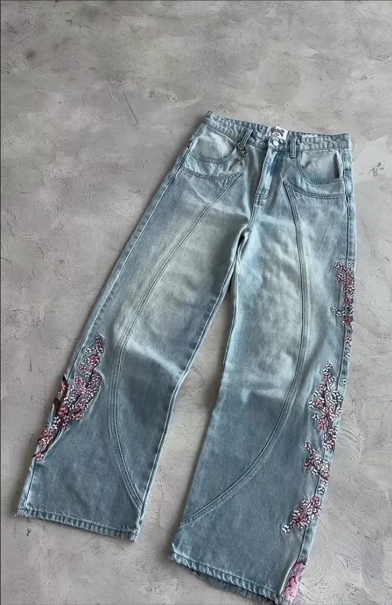 Jean Baggy Droit Y2K Broderie Fleur de Cerisier Chevalier — Denim Vintage Streetwear BiggOrange