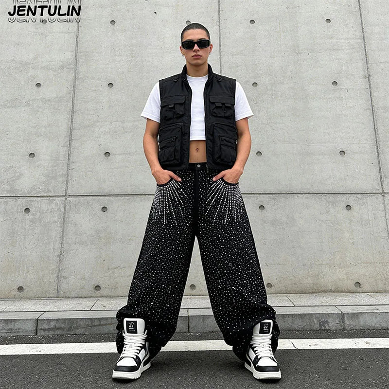 Jean Baggy Y2K Gothique — Motif Diamant, Denim Noir, Jambe Large | JENTULIN