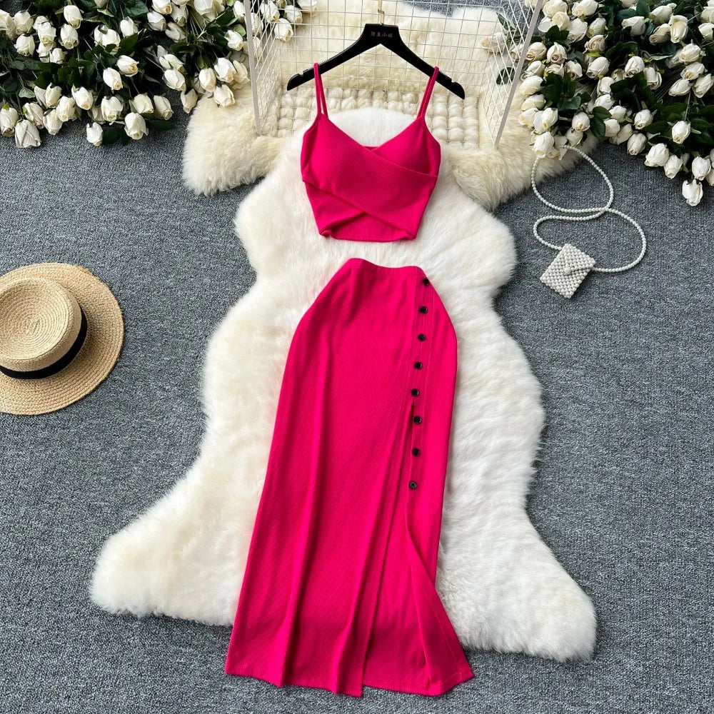 Ensemble 2 Pièces Été — Haut Court Col V + Jupe Longue Fendue Taille Haute Élastique Couleur Unie | Foamlina