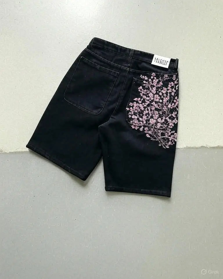 Short en Jean Vintage Y2K – Brodé Fleurs de Cerisier Streetwear Délavé | Unisexe Été