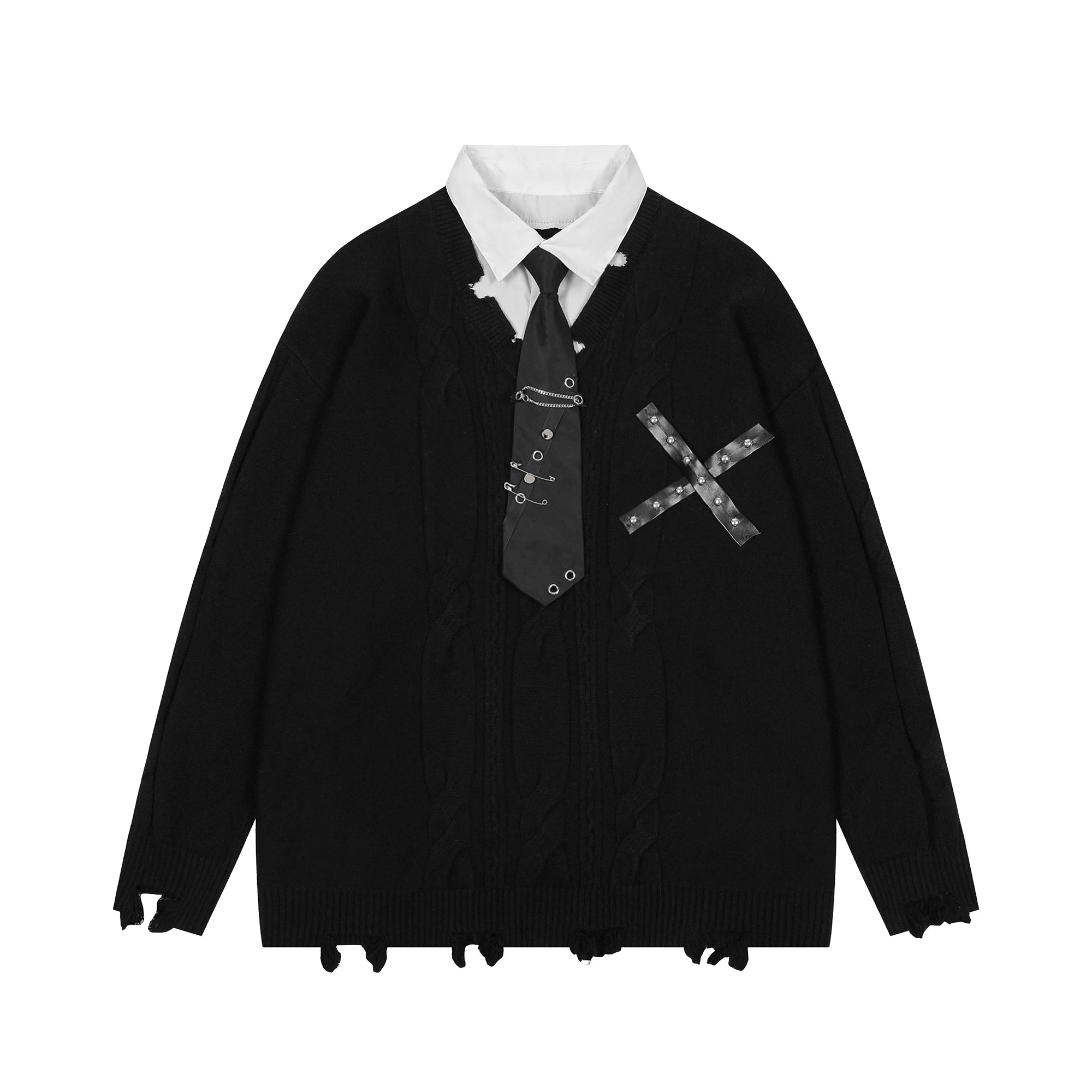 Pull Harajuku Y2K — Faux Deux Pièces, Effet Déchiré, Color Block | HANGJIA