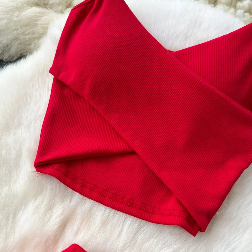 Ensemble 2 Pièces Été — Haut Court Col V + Jupe Longue Fendue Taille Haute Élastique Couleur Unie | Foamlina