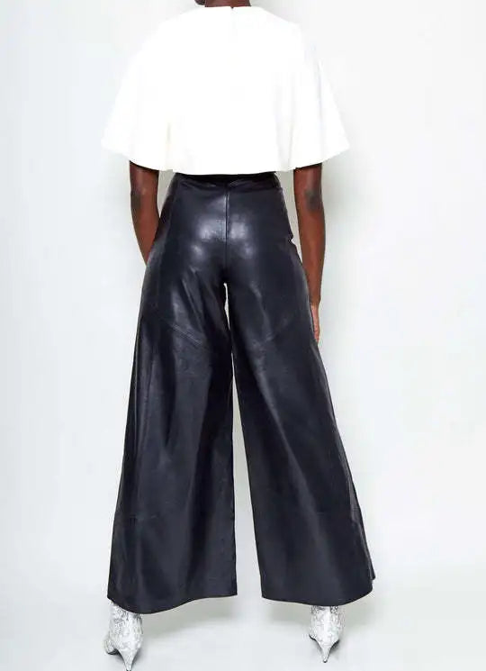 Pantalon Simili Cuir Femme — Taille Haute, Jambe Large, Fermeture Éclair | CM.YAYA 2025
