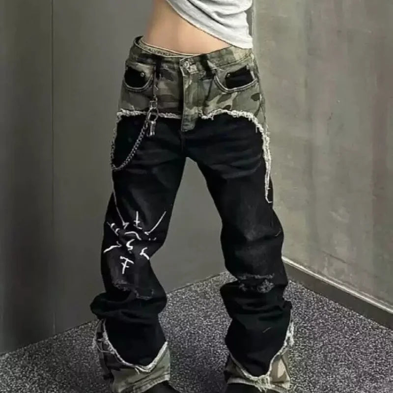 Jean Baggy Camouflage Délavé – Style Vintage American Street Y2K Hip-Hop | Unisexe