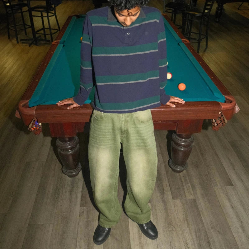 Jean Ample Y2K Matcha Billard Broderie Délavé — Streetwear London New York Unisexe BiggOrange