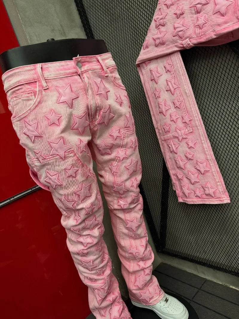 Jean Skinny Homme Y2K — Style Gothique Punk Étoile 3D Brodée Rose Harajuku Taille Basse Décontracté